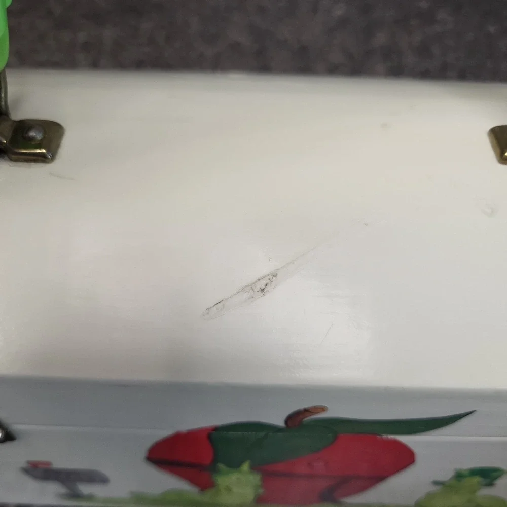 VINTAGE Hand Painted Wooden Purse Box Whimsical Caterpillar Apple Folk Art